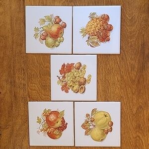 VINTAGE Ceramic Set of 5 Tiles, Fruit Autumn 70s Design